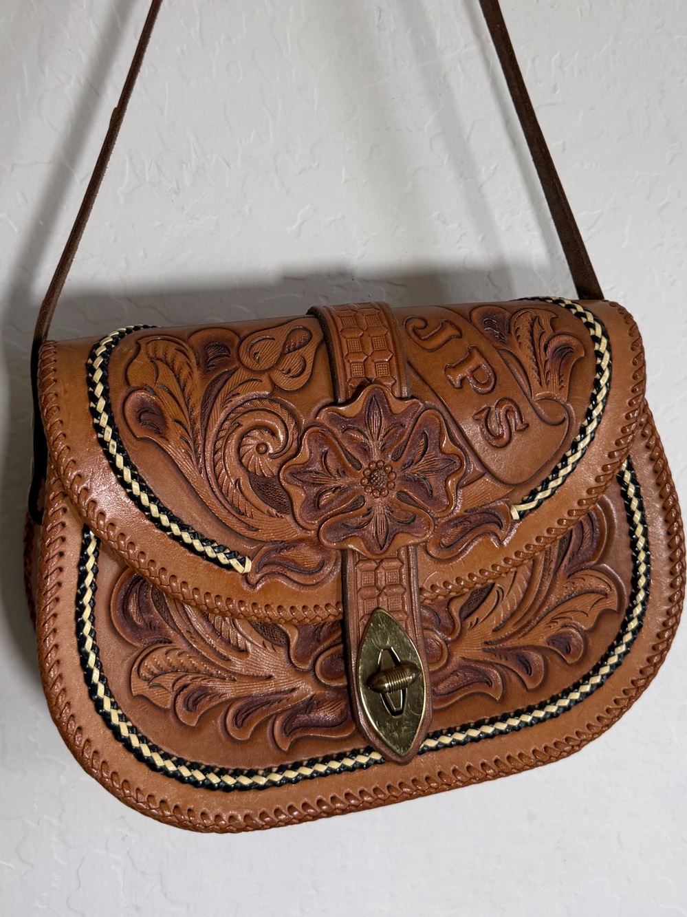 Vintage Hand Tooled Leather Saddle Crossbody Bag Floral Monogram JPS
